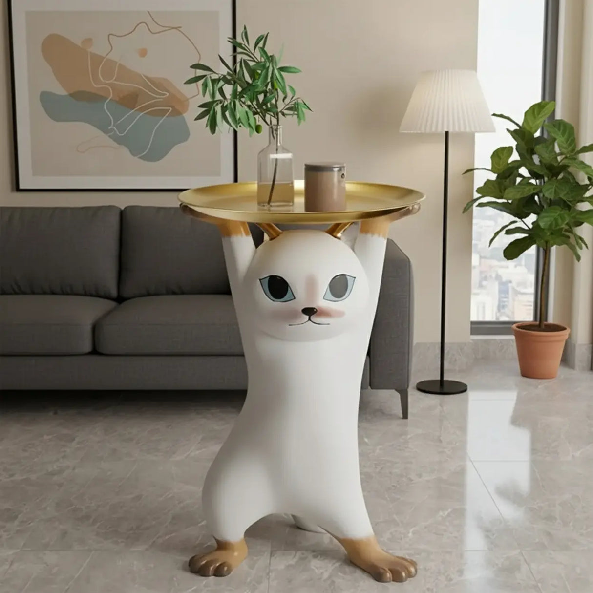 Unique Cat Figurine Resin White Decorative Side Table Image - 2