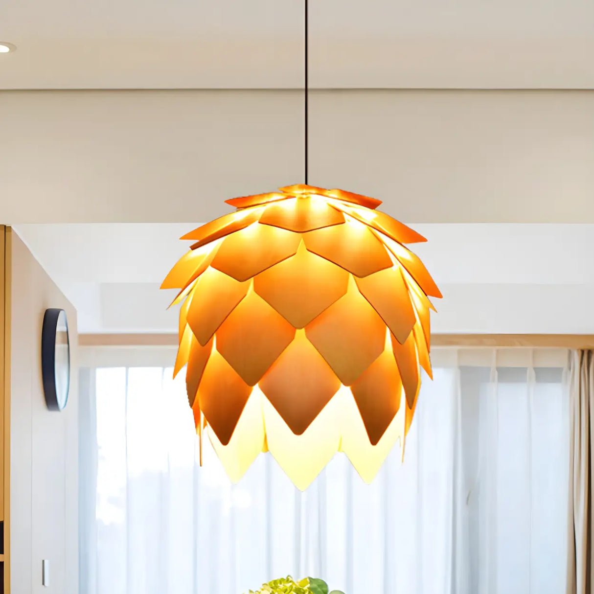 Unique Pinecone-Shaped Wood Color Pendant Light Image - 1