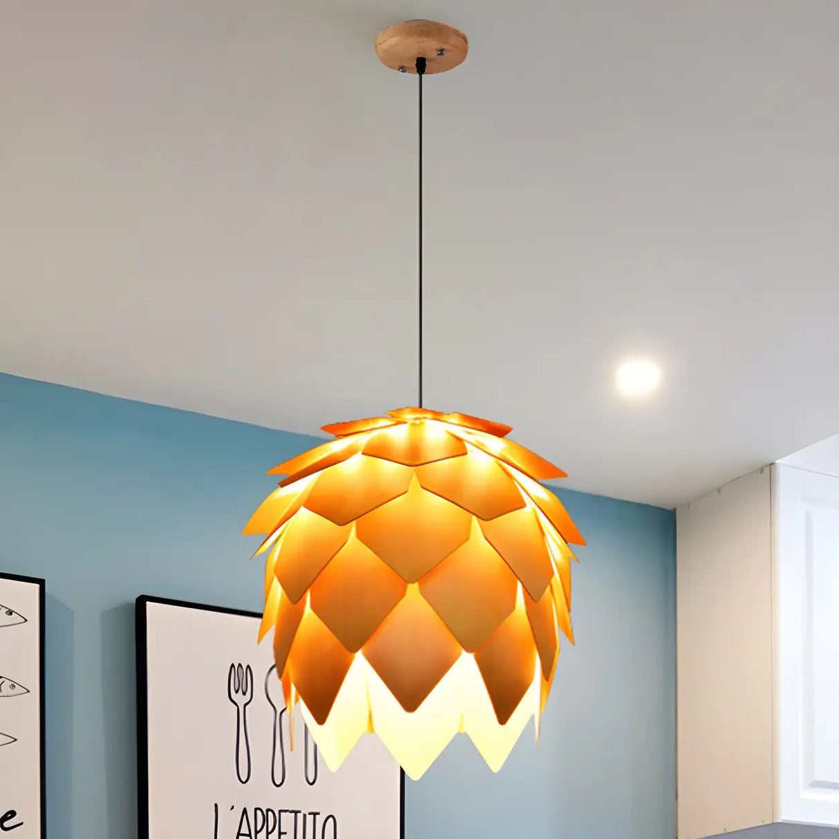 Unique Pinecone-Shaped Wood Color Pendant Light Image - 2