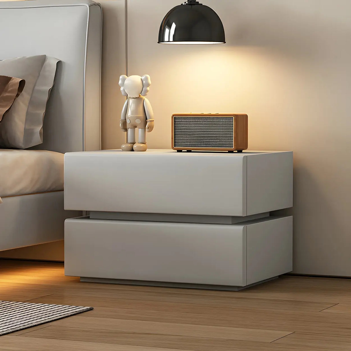 Unqiue Rectangular Wood Off-White Storage Nightstand Image - 10