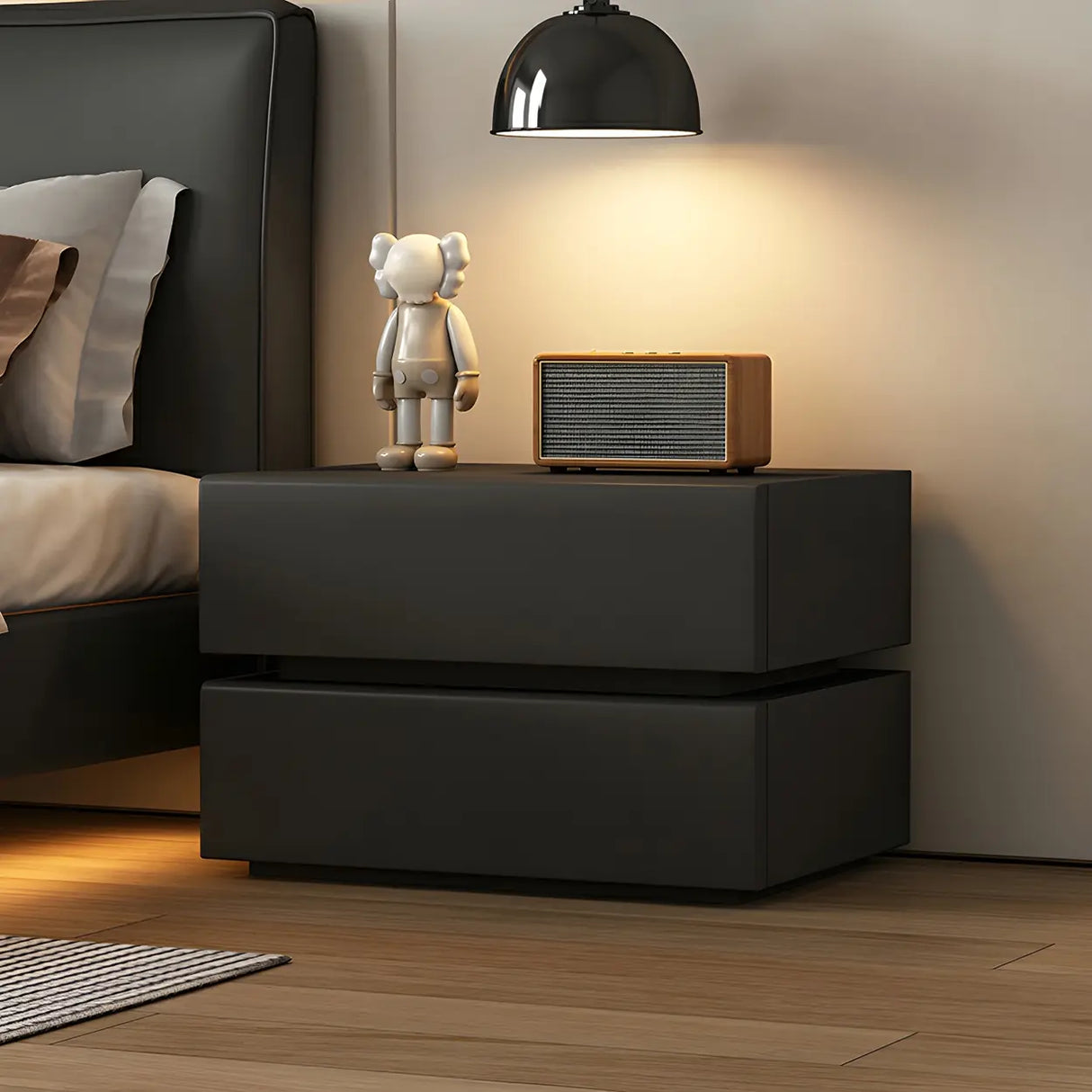 Unqiue Rectangular Wood Off-White Storage Nightstand Image - 2