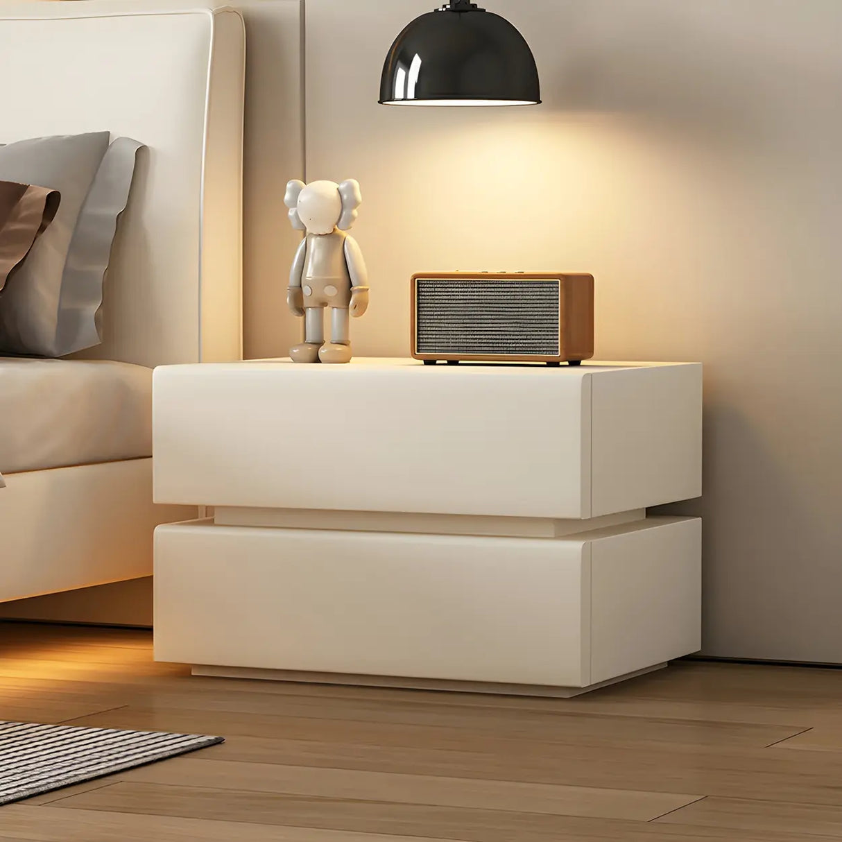 Unqiue Rectangular Wood Off-White Storage Nightstand Image - 20