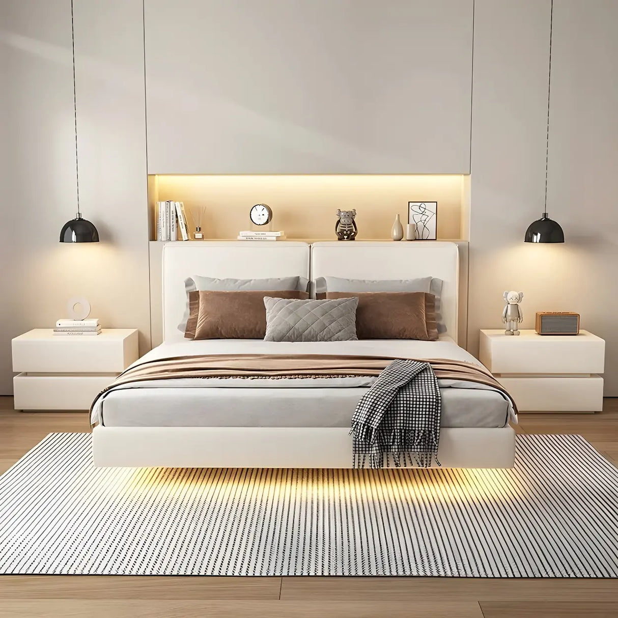 Unqiue Rectangular Wood Off-White Storage Nightstand Image - 4