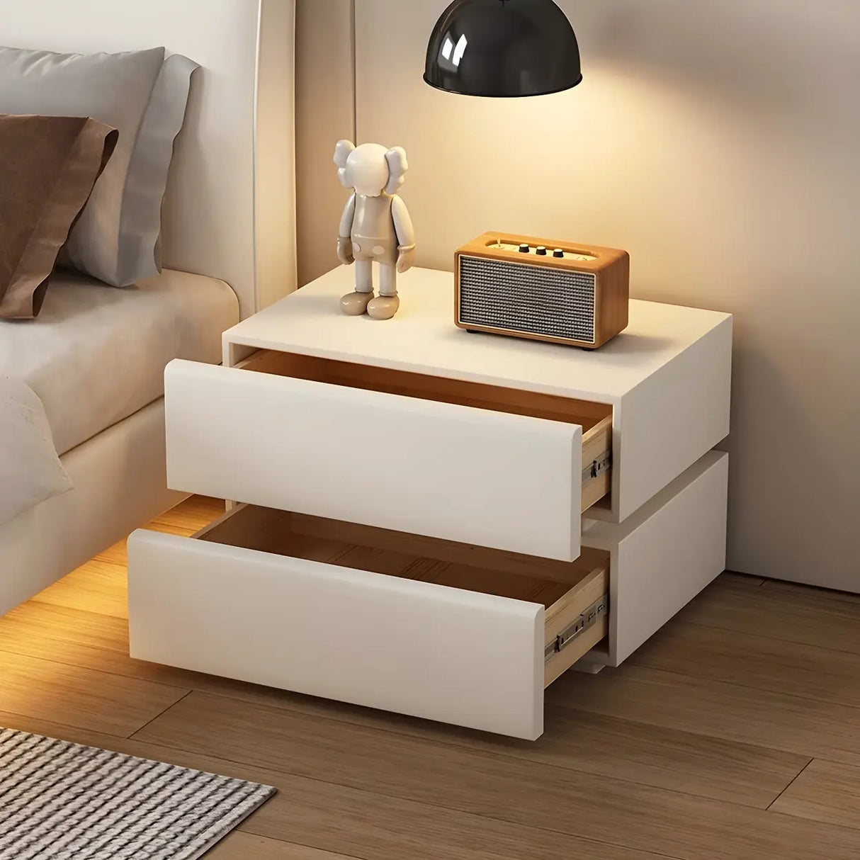 Unqiue Rectangular Wood Off-White Storage Nightstand Image - 5