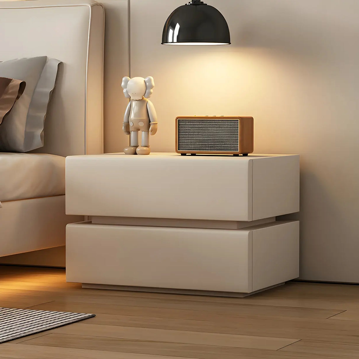 Unqiue Rectangular Wood Off-White Storage Nightstand Image - 22