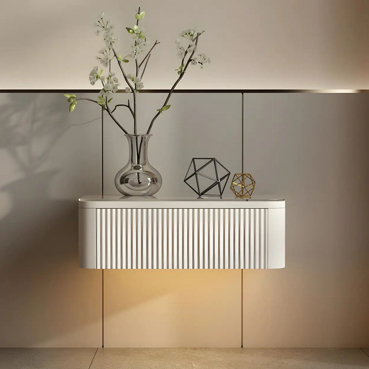 Unqiue Wall Mounted White Nightstand with Shelf and Light Image - 1