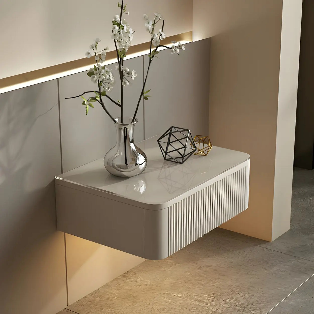 Unqiue Wall Mounted White Nightstand with Shelf and Light Image - 2