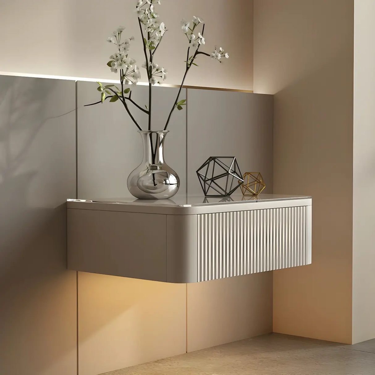 Unqiue Wall Mounted White Nightstand with Shelf and Light Image - 4