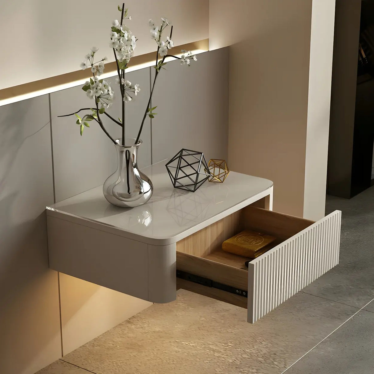 Unqiue Wall Mounted White Nightstand with Shelf and Light Image - 5