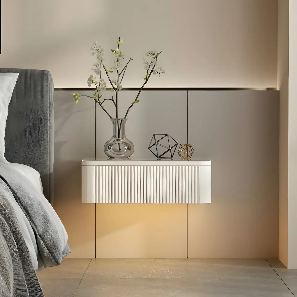 Unqiue Wall Mounted White Nightstand with Shelf and Light Image - 6