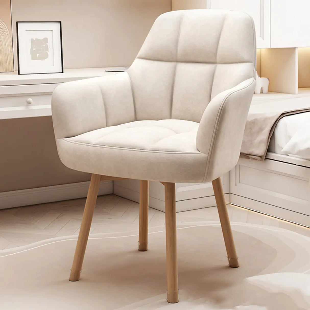 Upholstered Faux Leather Bedroom Beige Office Chair Image - 11