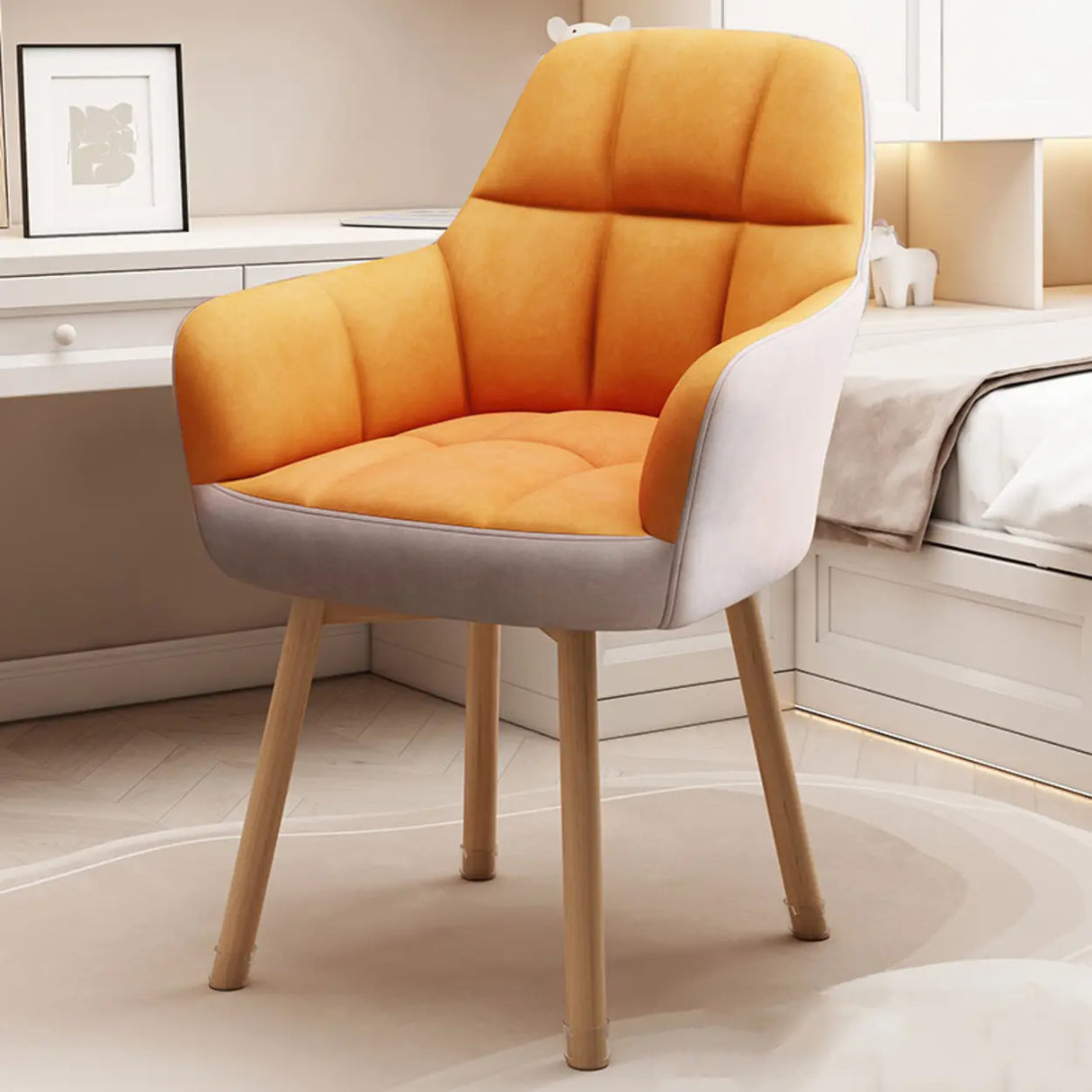 Upholstered Faux Leather Bedroom Beige Office Chair Image - 15