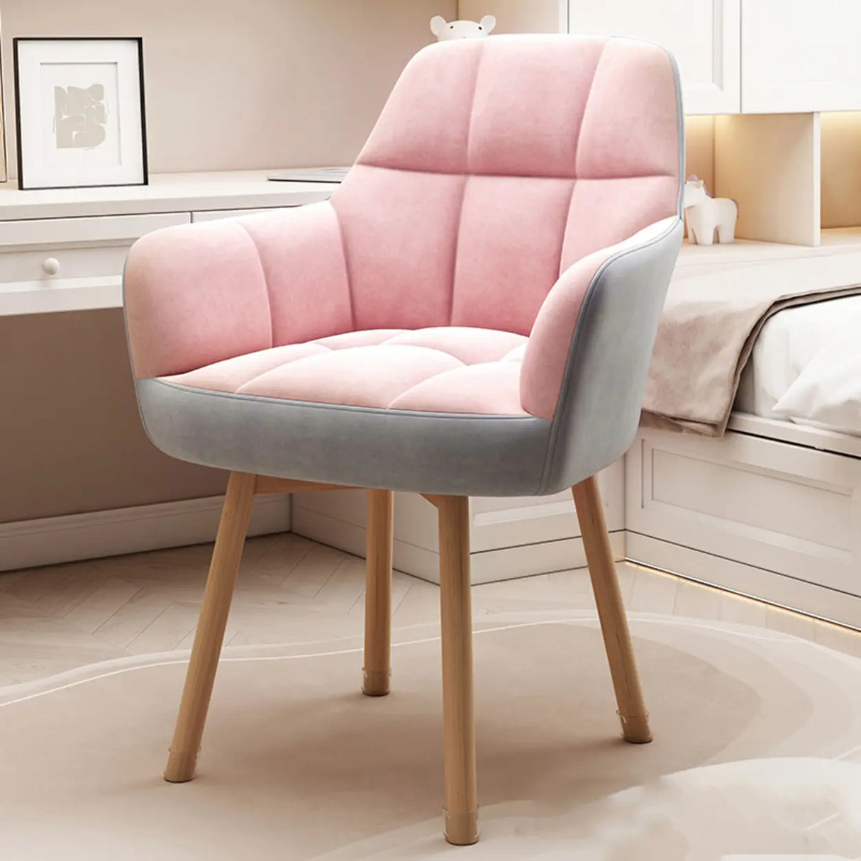 Upholstered Faux Leather Bedroom Beige Office Chair Image - 16