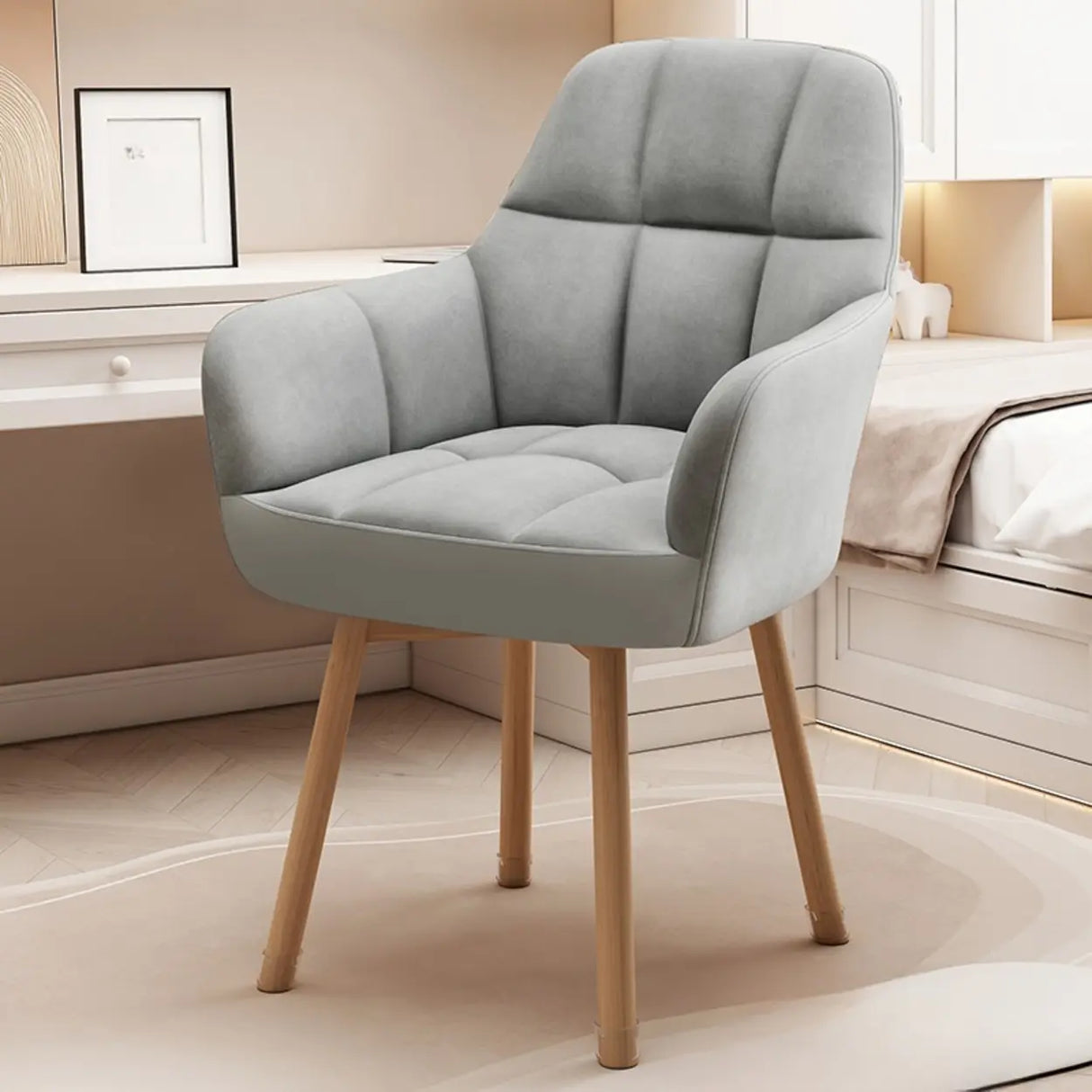 Upholstered Faux Leather Bedroom Beige Office Chair Image - 2