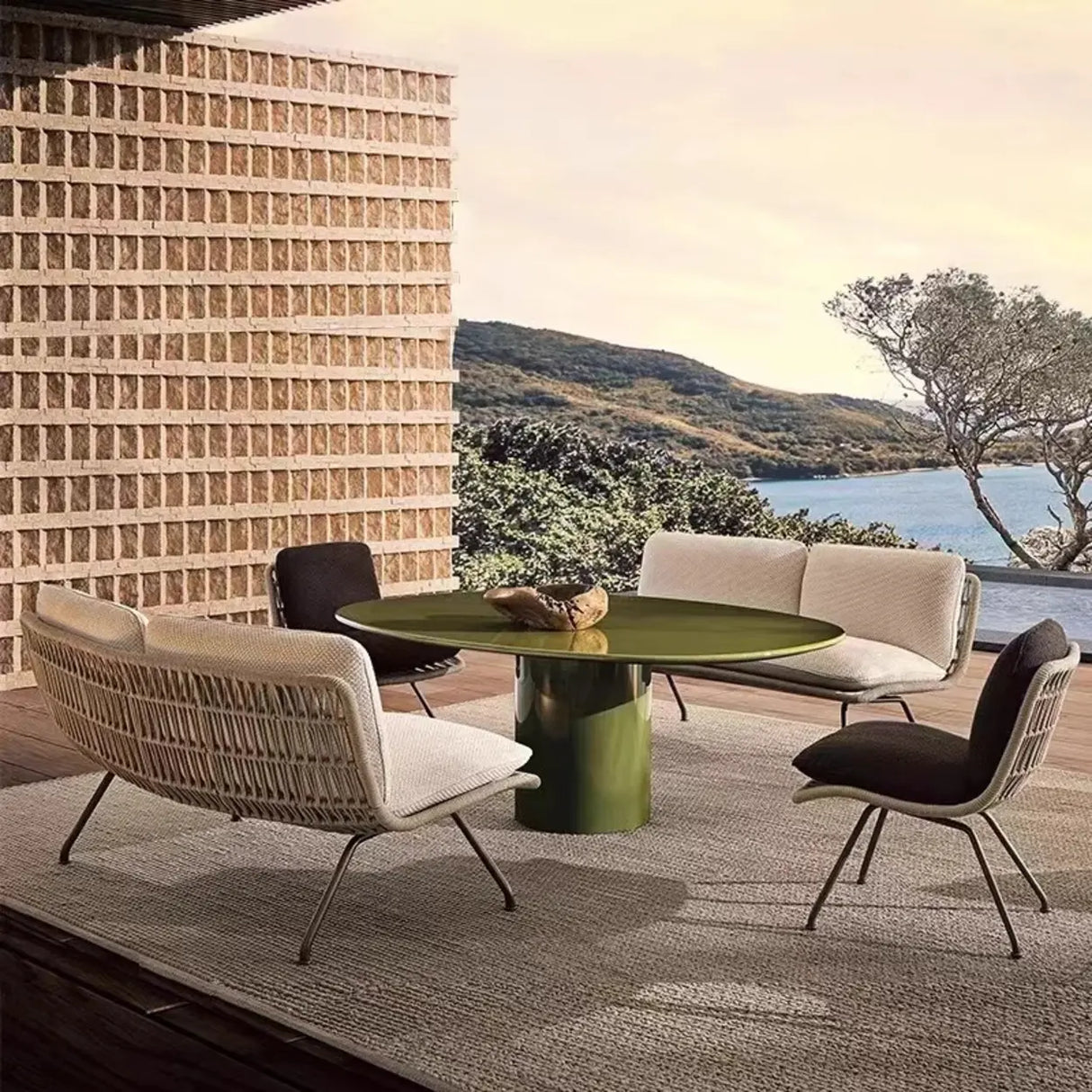 Upholstered Metal Beige Woven Outdoor Patio Sofa Set Image - 1