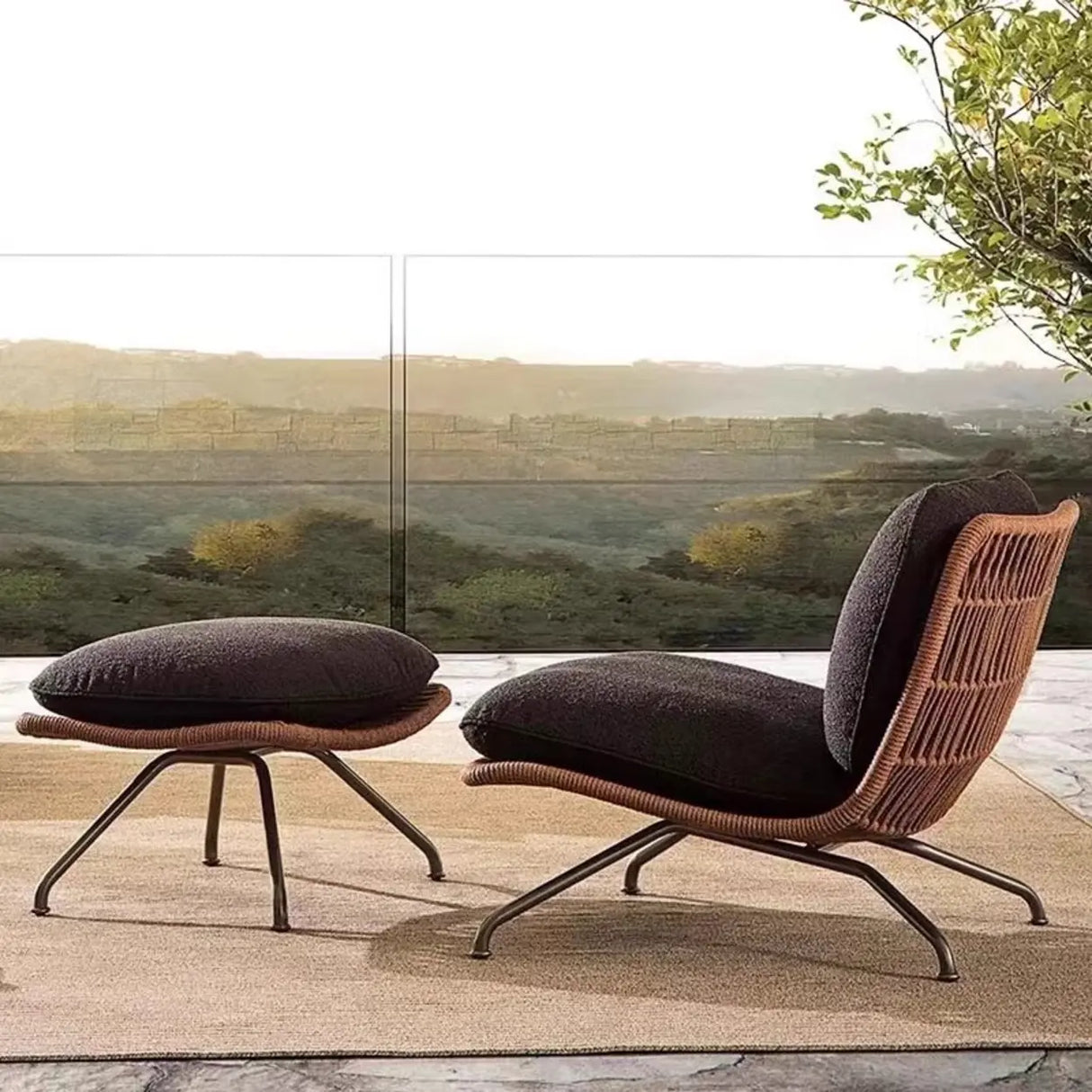 Upholstered Metal Beige Woven Outdoor Patio Sofa Set Image - 4