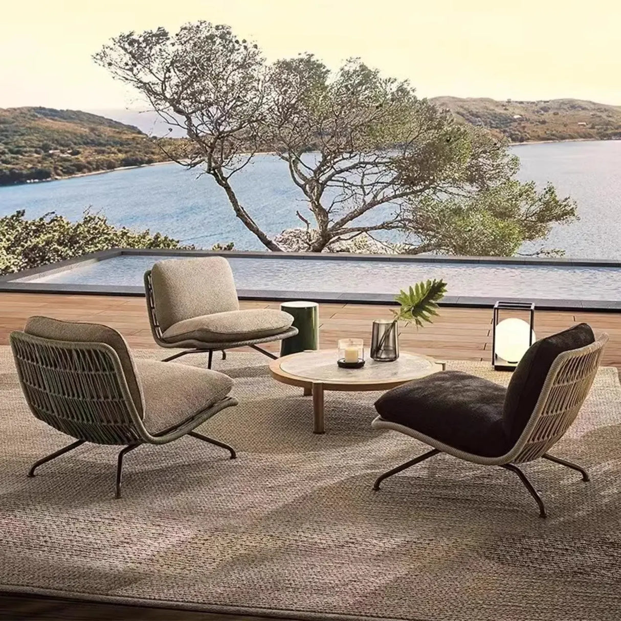 Upholstered Metal Beige Woven Outdoor Patio Sofa Set Image - 6