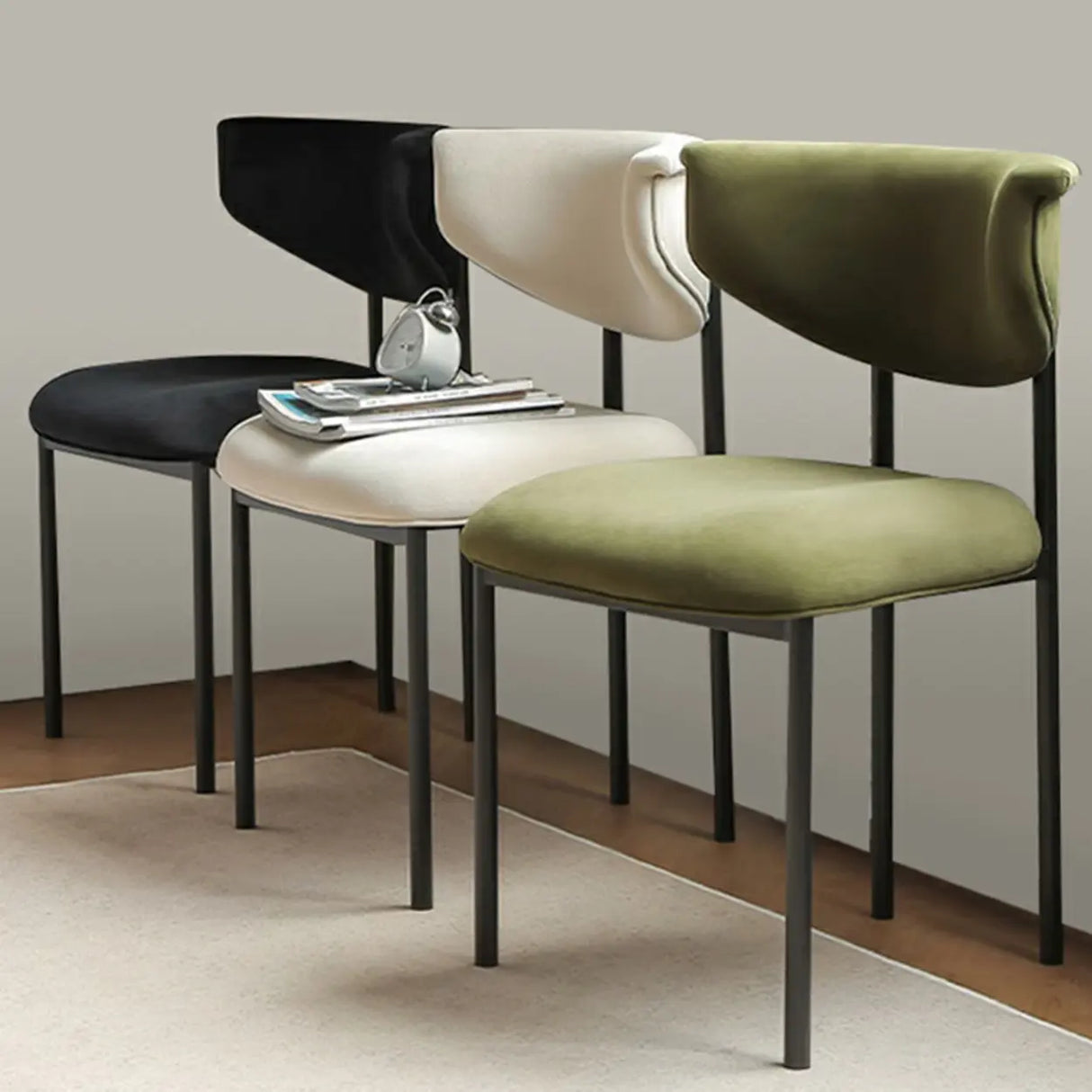 Upholstered Metal Open Low Back Armless Dining Chair Image - 1