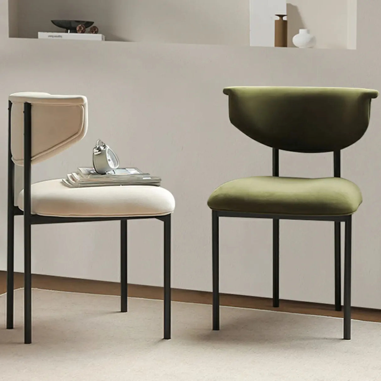 Upholstered Metal Open Low Back Armless Dining Chair Image - 4