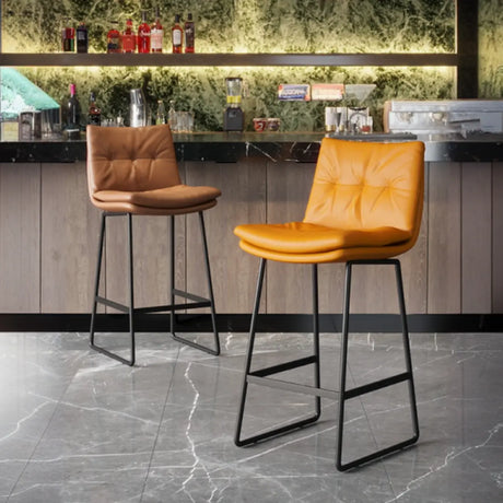 Upholstered Modern Leather Saddle Bar Stool with Metal Base Image - 1