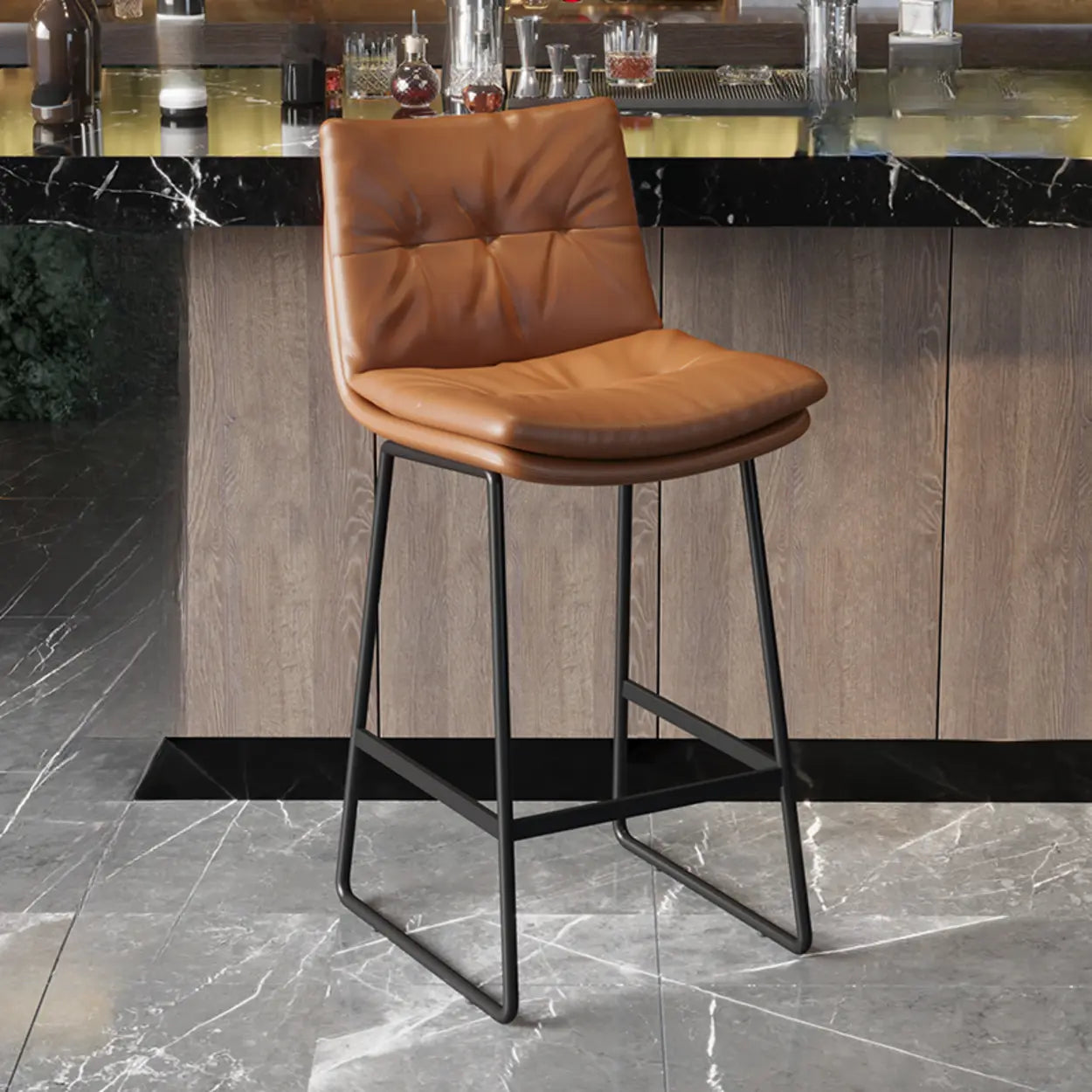Upholstered Modern Leather Saddle Bar Stool with Metal Base Image - 2