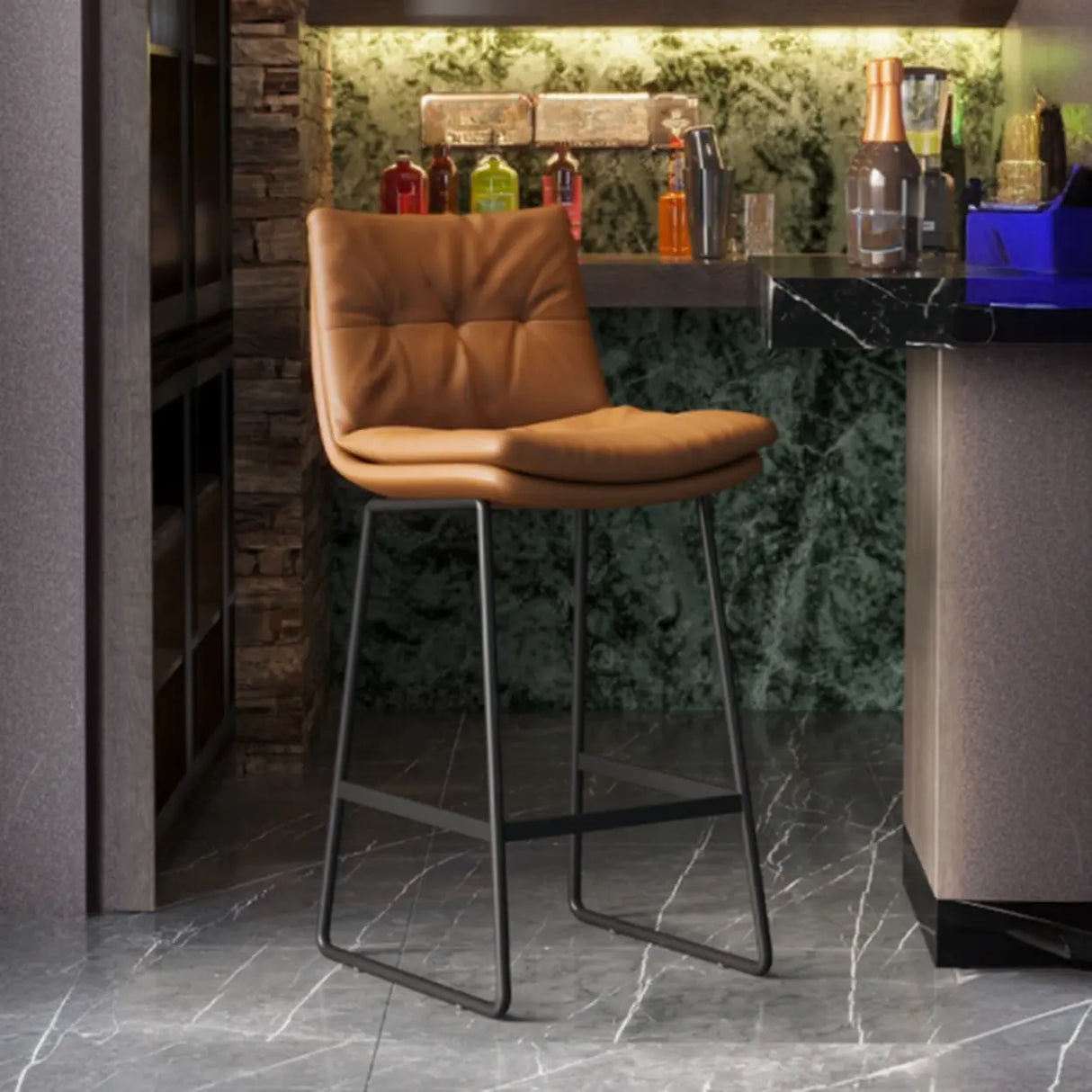 Upholstered Modern Leather Saddle Bar Stool with Metal Base Image - 4
