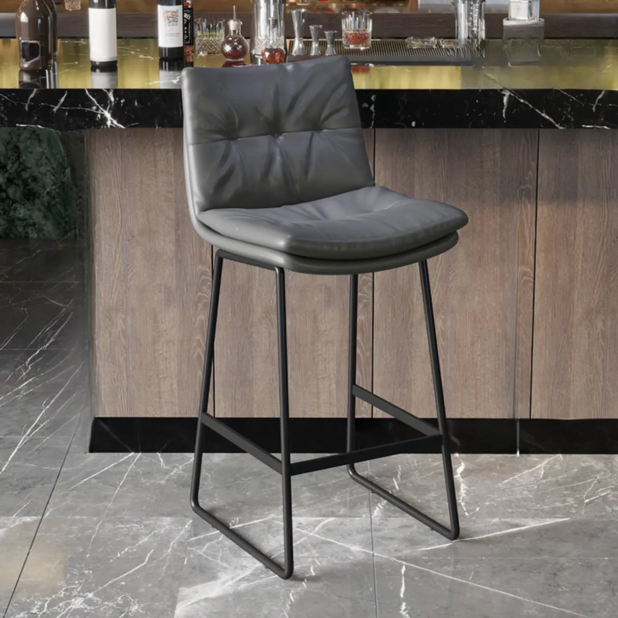 Upholstered Modern Leather Saddle Bar Stool with Metal Base Image - 5