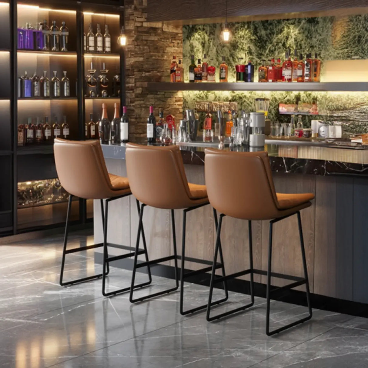 Upholstered Modern Leather Saddle Bar Stool with Metal Base Image - 6
