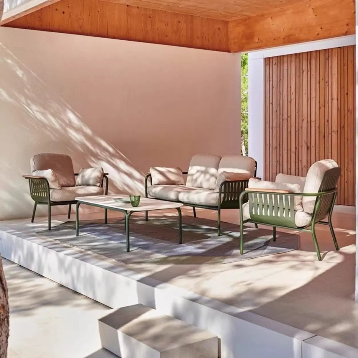 UV Resistant Elegant Upholstered Beige Metal Patio Sofa Set Image - 9