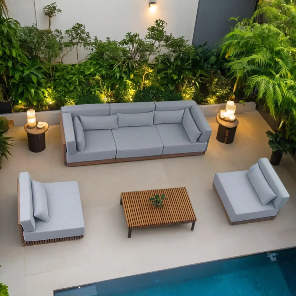 UV Resistant Grey Cushions Outdoor Teak Sectional Sofa Set Image - 1