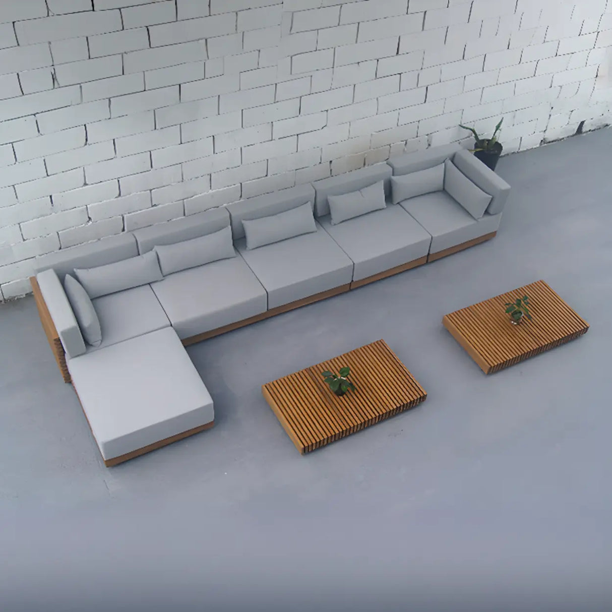 UV Resistant Grey Cushions Outdoor Teak Sectional Sofa Set Image - 4