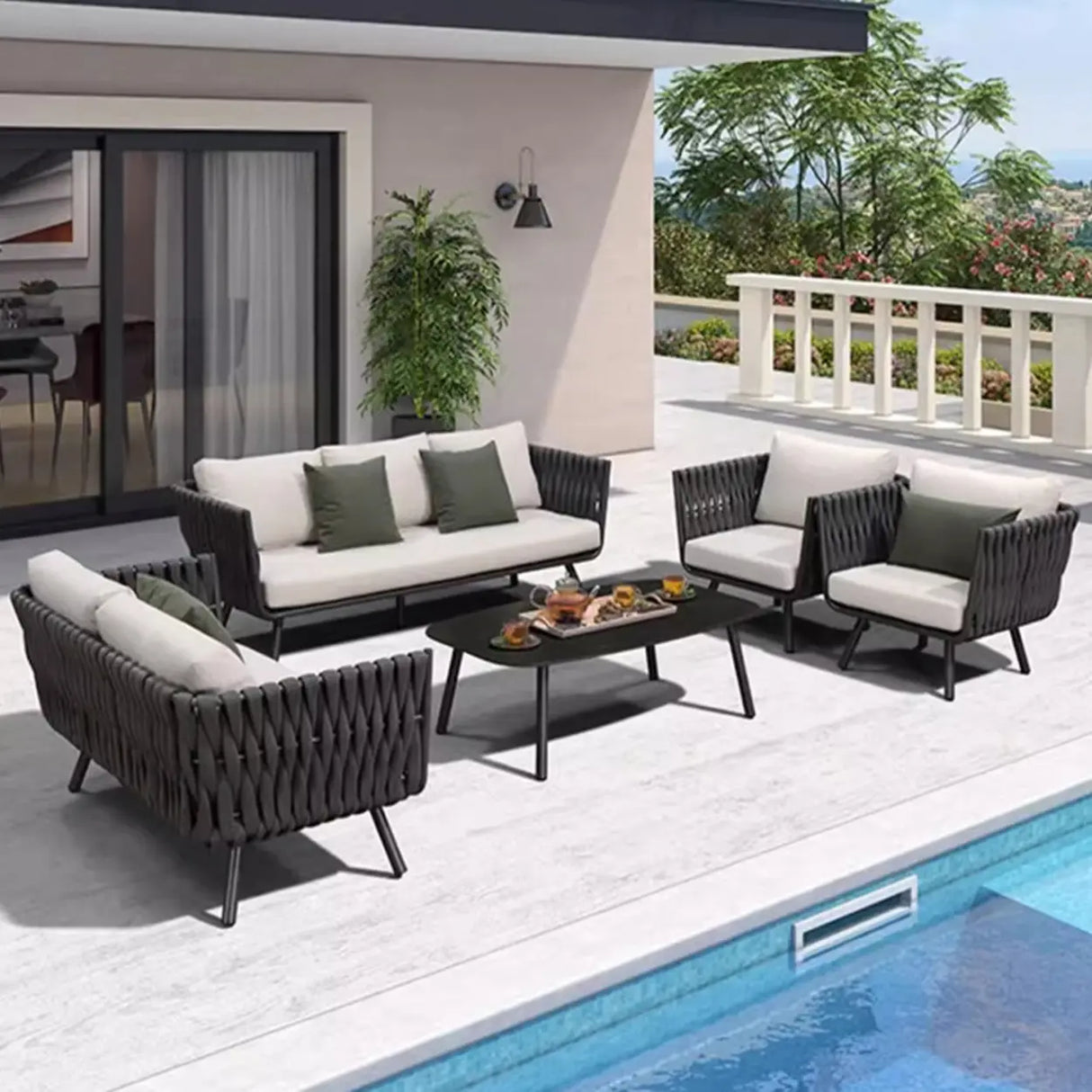 UV Resistant Modish Rope Woven Beige Patio Set with Cushions Image - 21