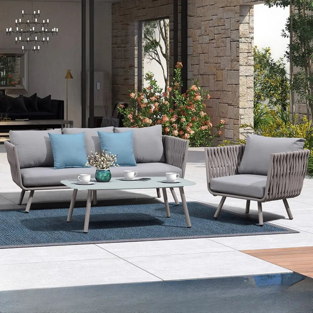 UV Resistant Modish Rope Woven Beige Patio Set with Cushions Image - 22