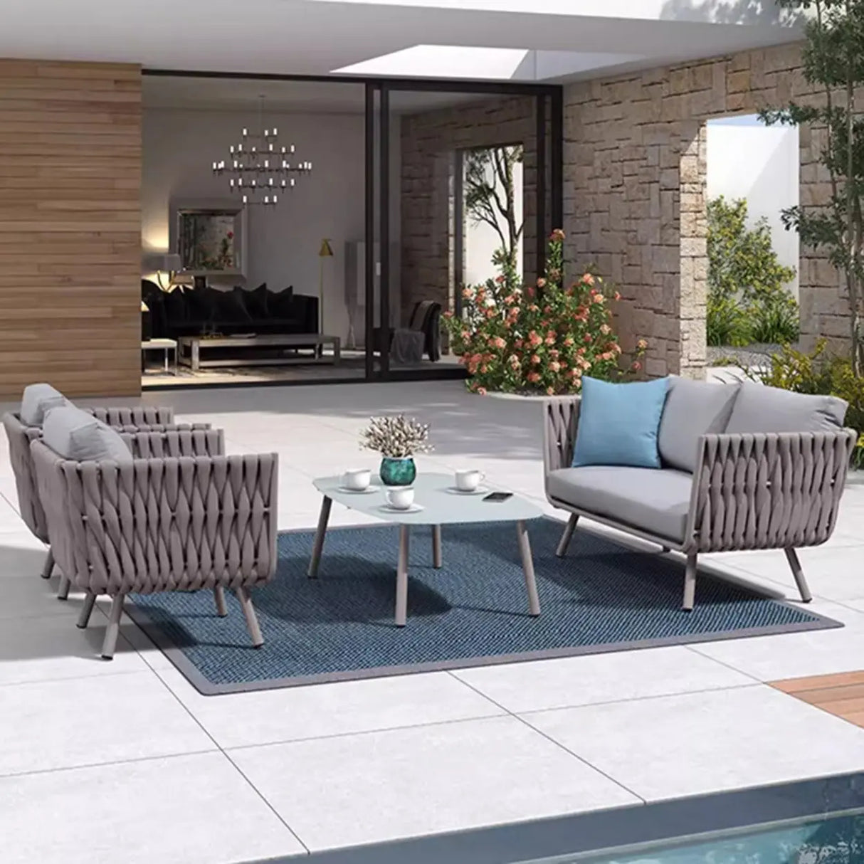 UV Resistant Modish Rope Woven Beige Patio Set with Cushions Image - 3