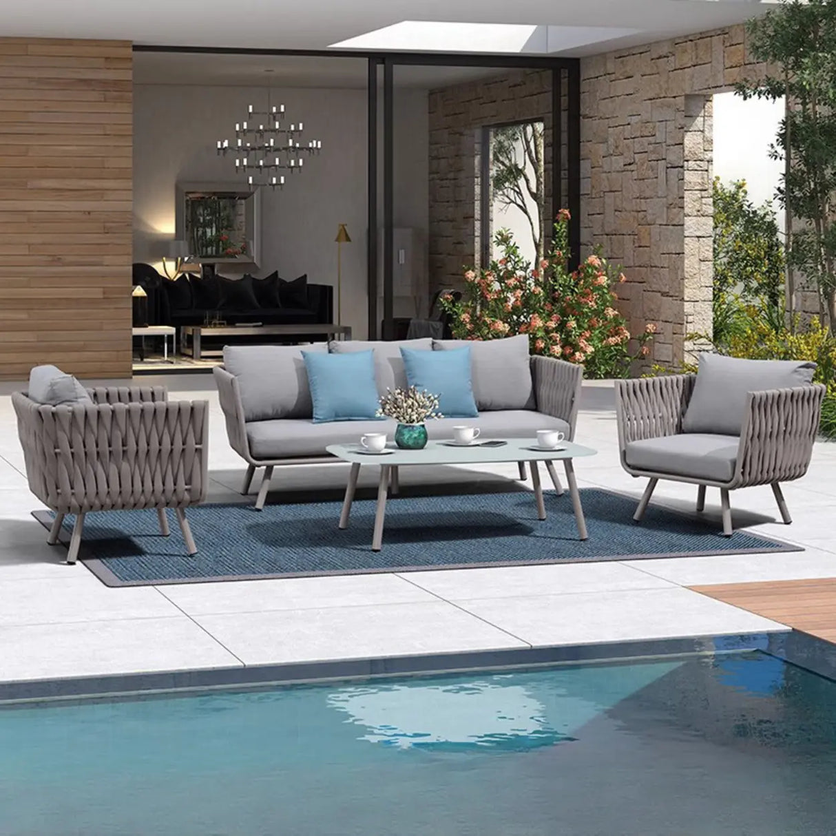 UV Resistant Modish Rope Woven Beige Patio Set with Cushions Image - 4