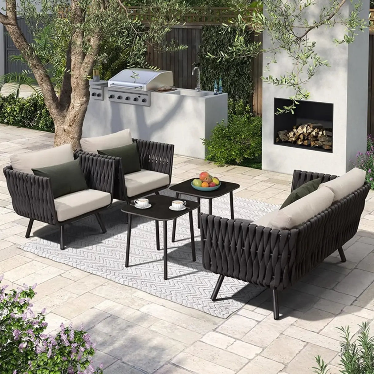 UV Resistant Modish Rope Woven Beige Patio Set with Cushions Image - 5