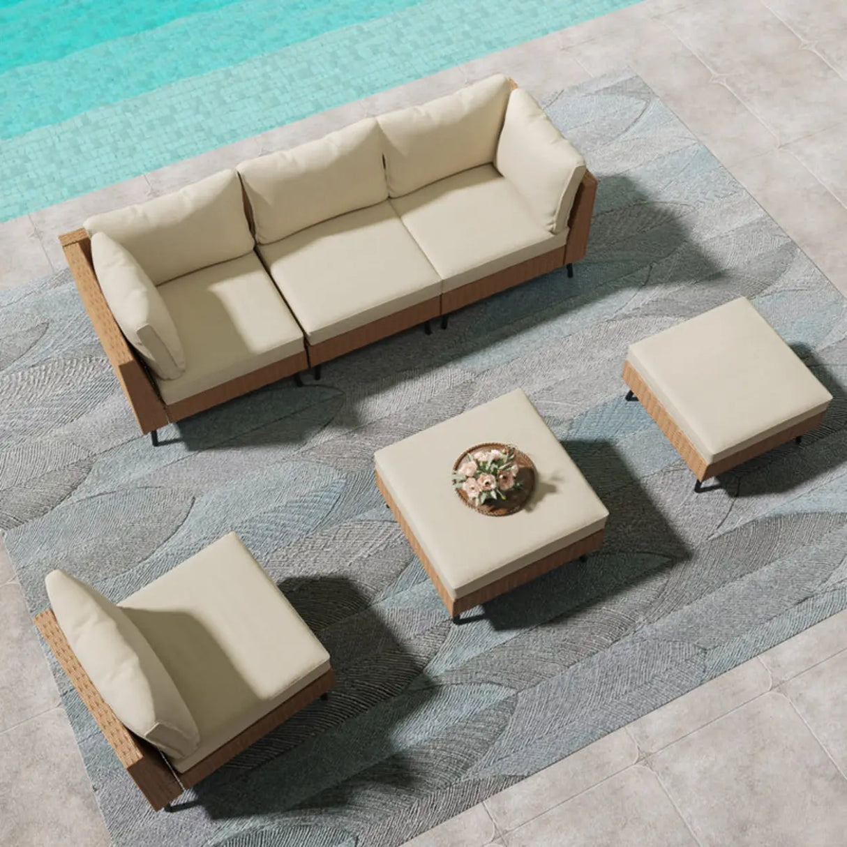 UV Resistant Modular Rattan Beige Upholstered Patio Sofa Set Image - 1