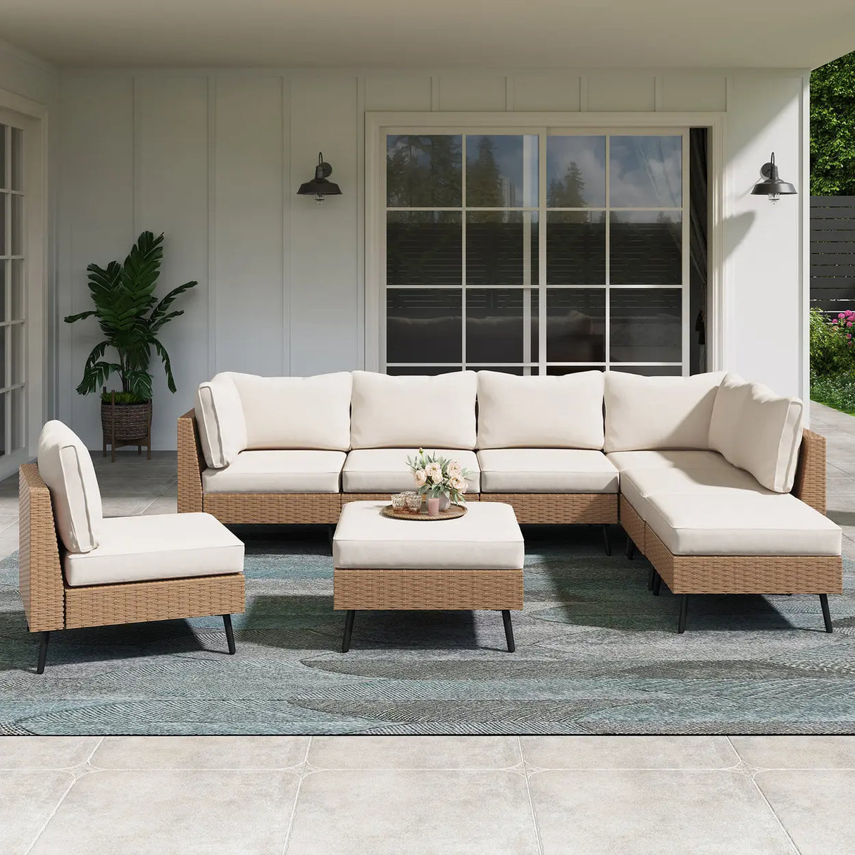 UV Resistant Modular Rattan Beige Upholstered Patio Sofa Set Image - 2