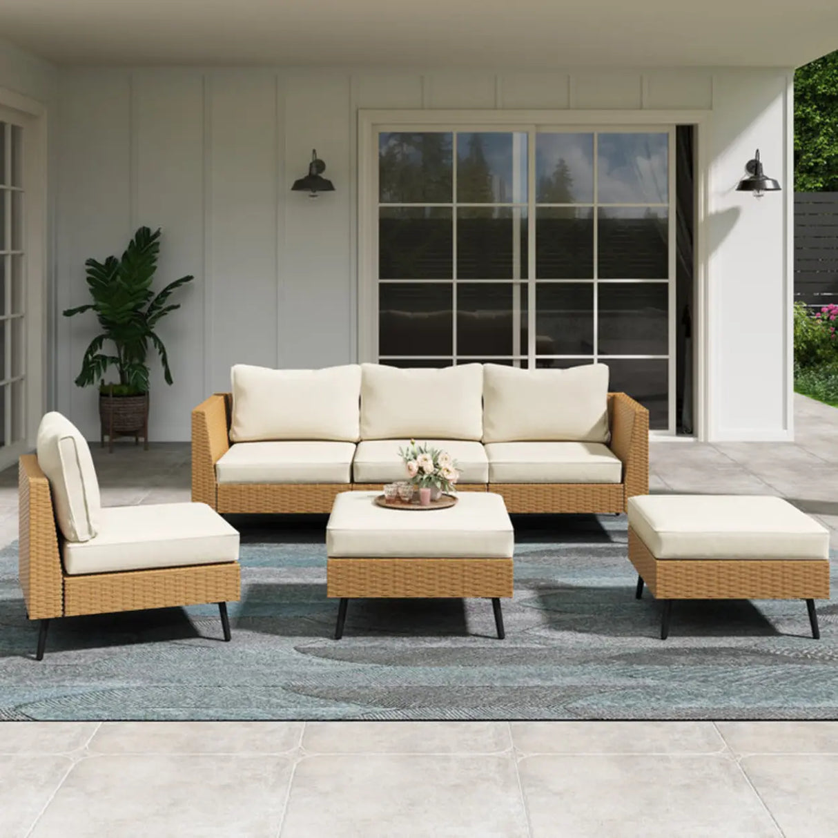 UV Resistant Modular Rattan Beige Upholstered Patio Sofa Set Image - 3
