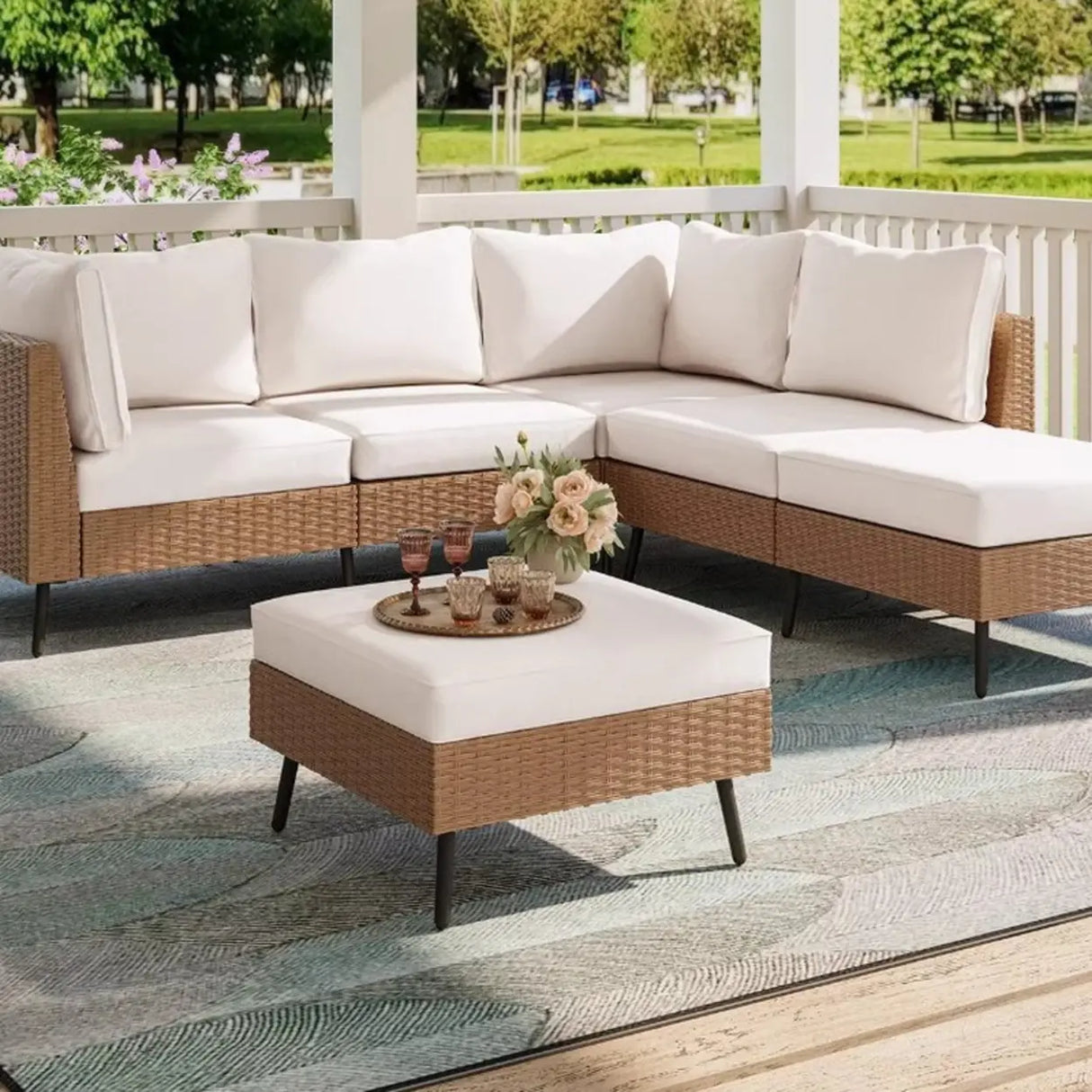 UV Resistant Modular Rattan Beige Upholstered Patio Sofa Set Image - 4