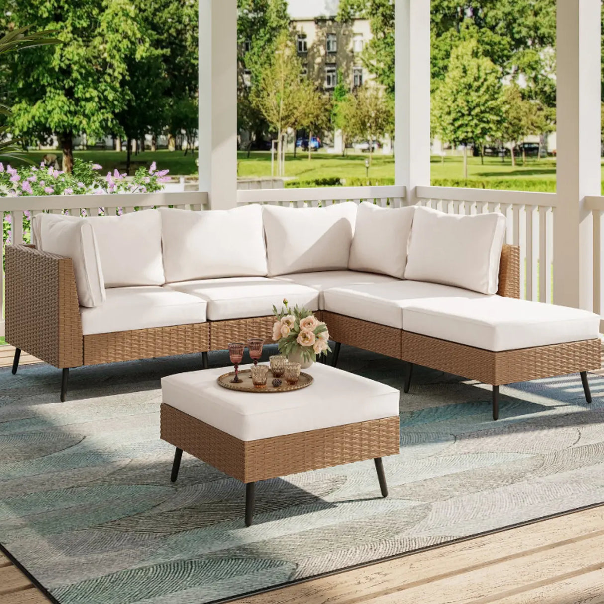 UV Resistant Modular Rattan Beige Upholstered Patio Sofa Set Image - 5
