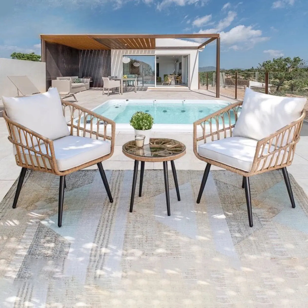 UV Resistant Outdoor Upholstered Rattan White Patio Sofa Set Image - 4