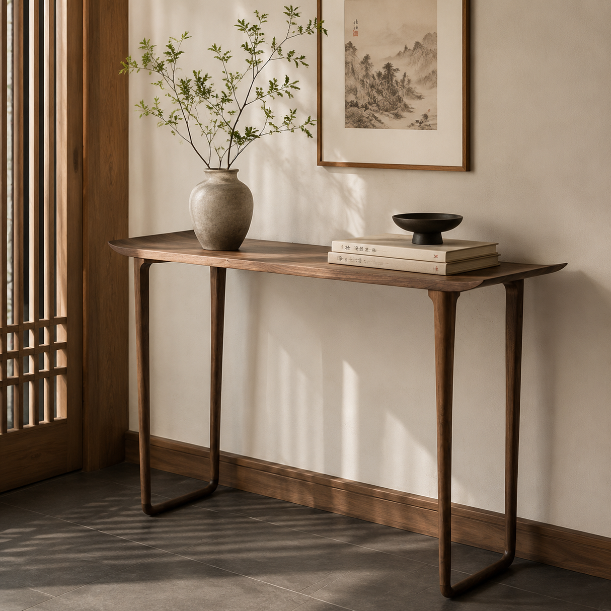 Versatile Rectangular Elm Cocoa Sleek Entryway Table Image - 16