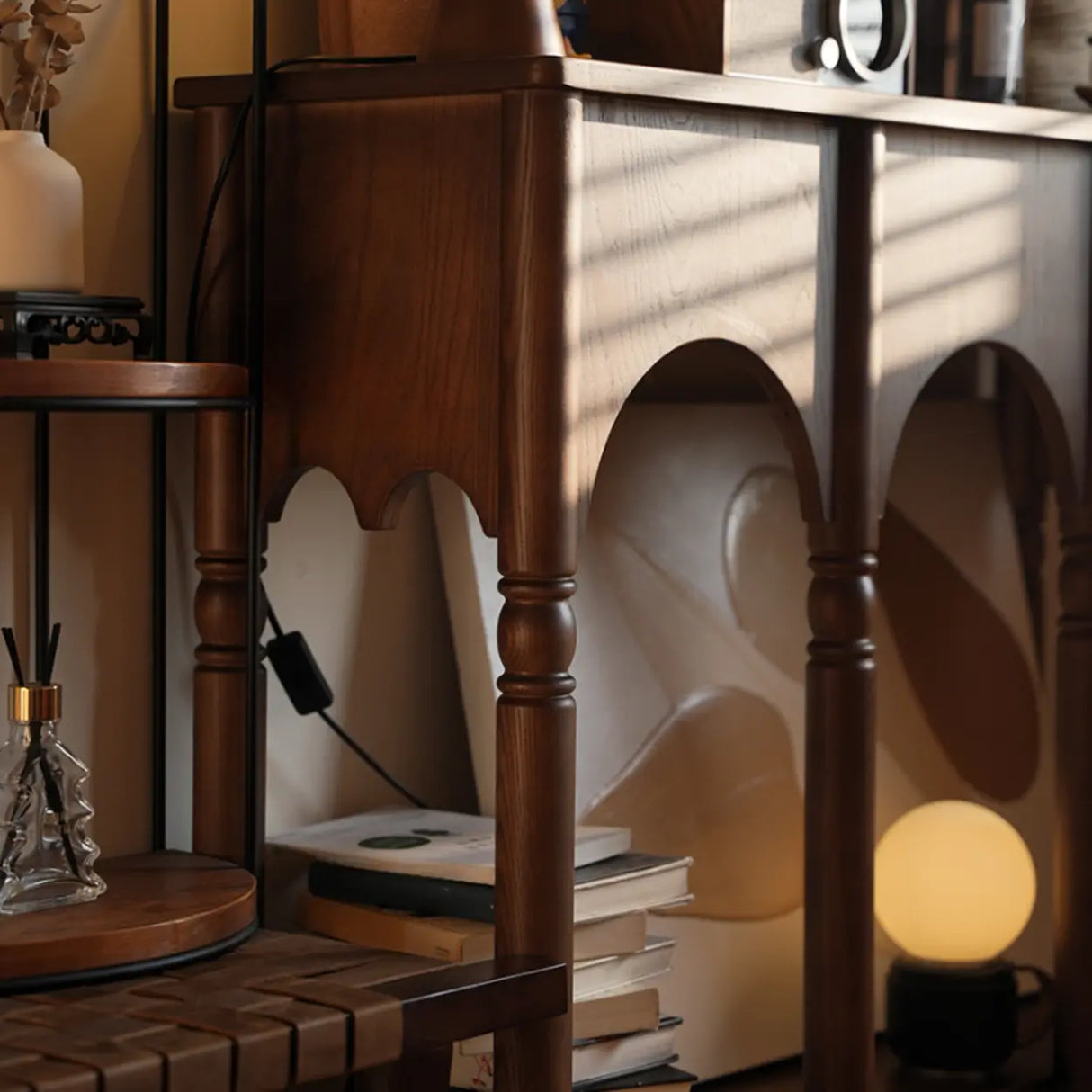 Versatile Rectangular Walnut Floor Shelf Console Table Image - 1