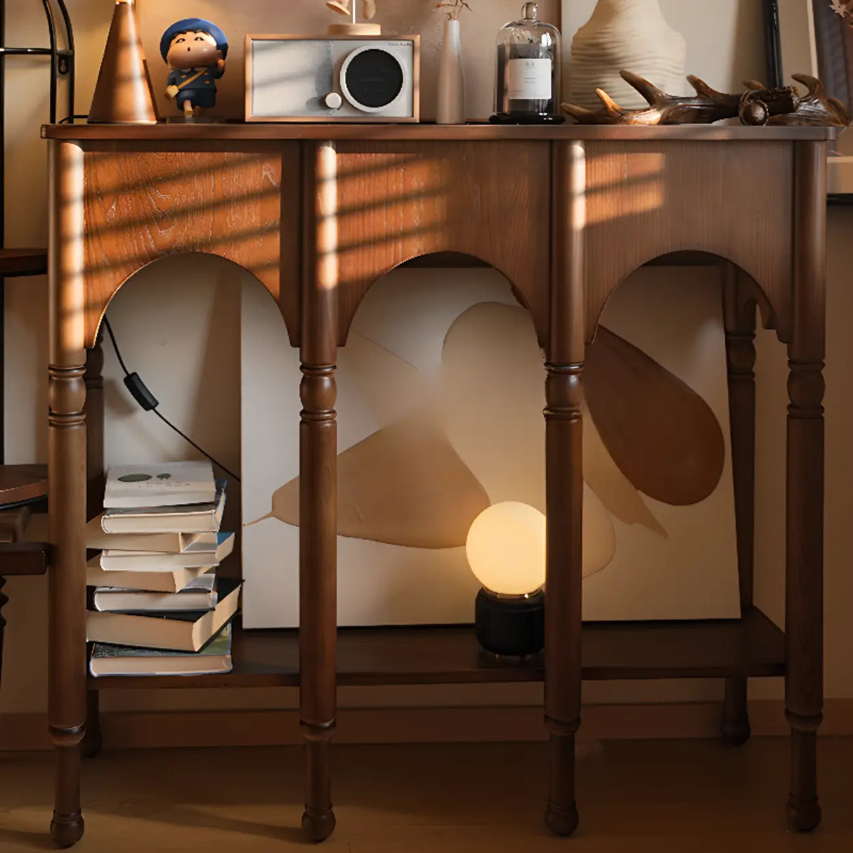 Versatile Rectangular Walnut Floor Shelf Console Table Image - 4