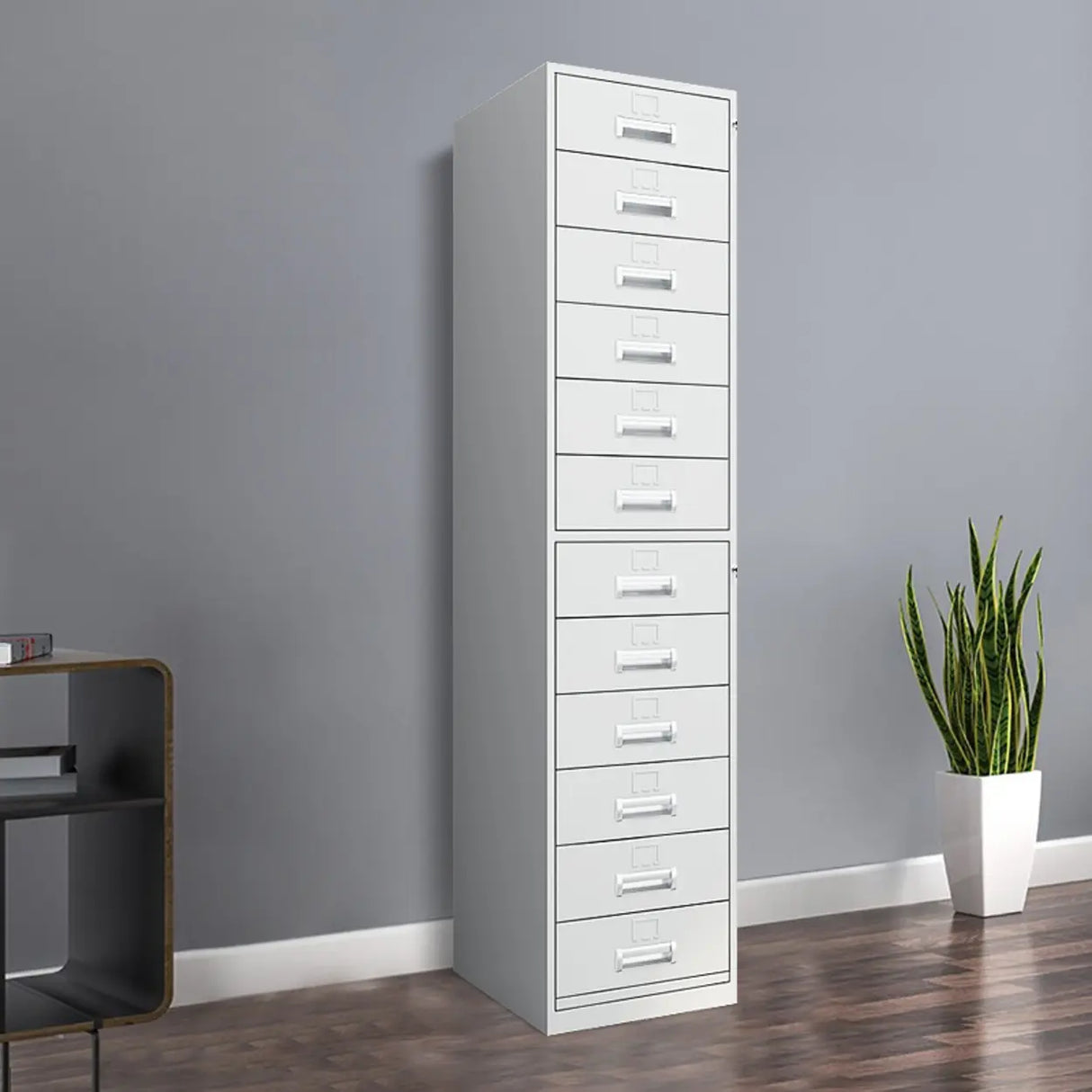Vertical Grey Steel Filing Cabinet with Lock and Drawers Image - 1