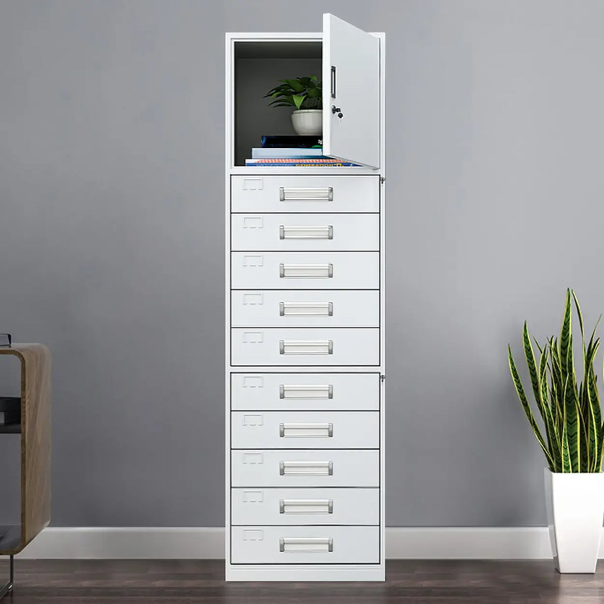 Vertical Grey Steel Filing Cabinet with Lock and Drawers Image - 11