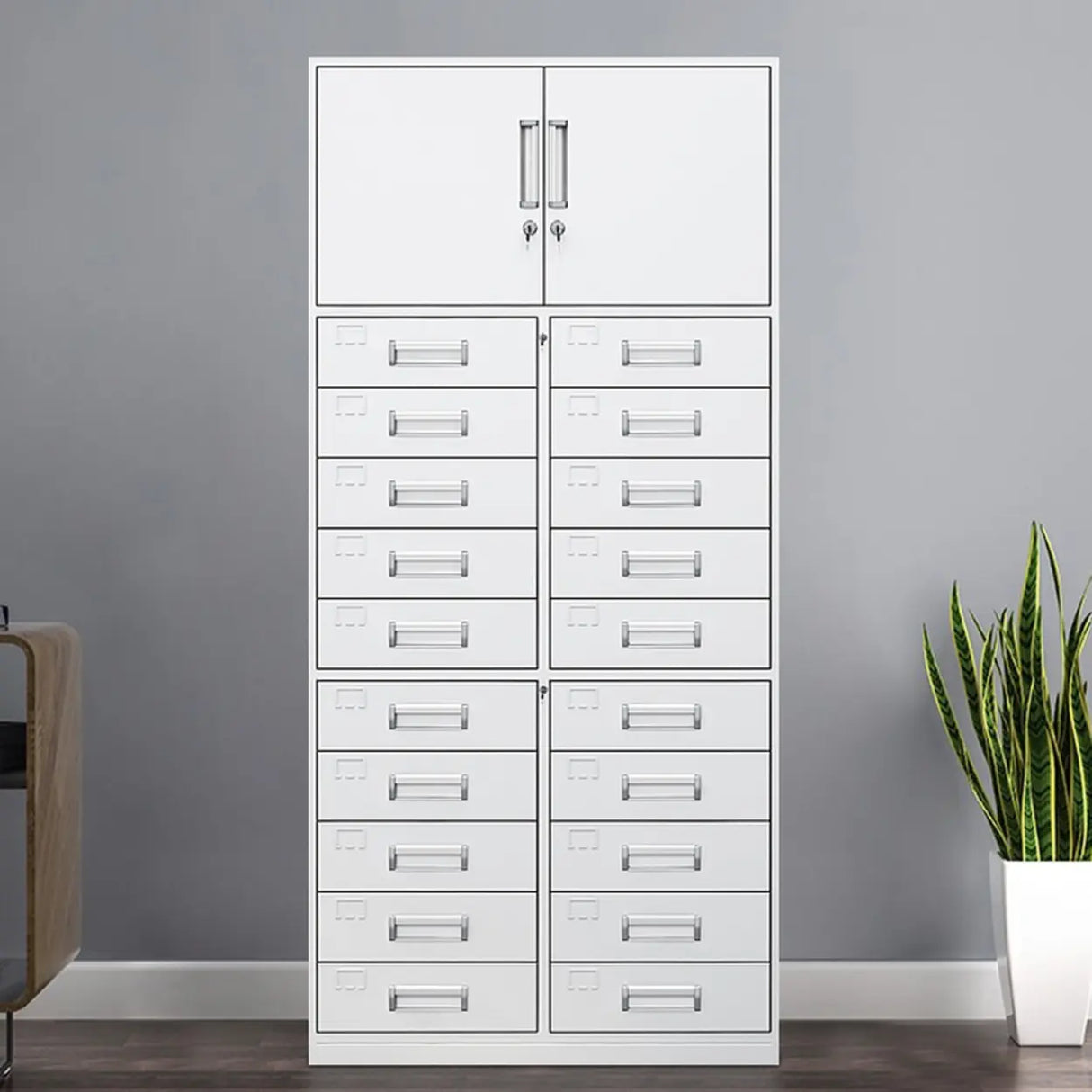 Vertical Grey Steel Filing Cabinet with Lock and Drawers Image - 13