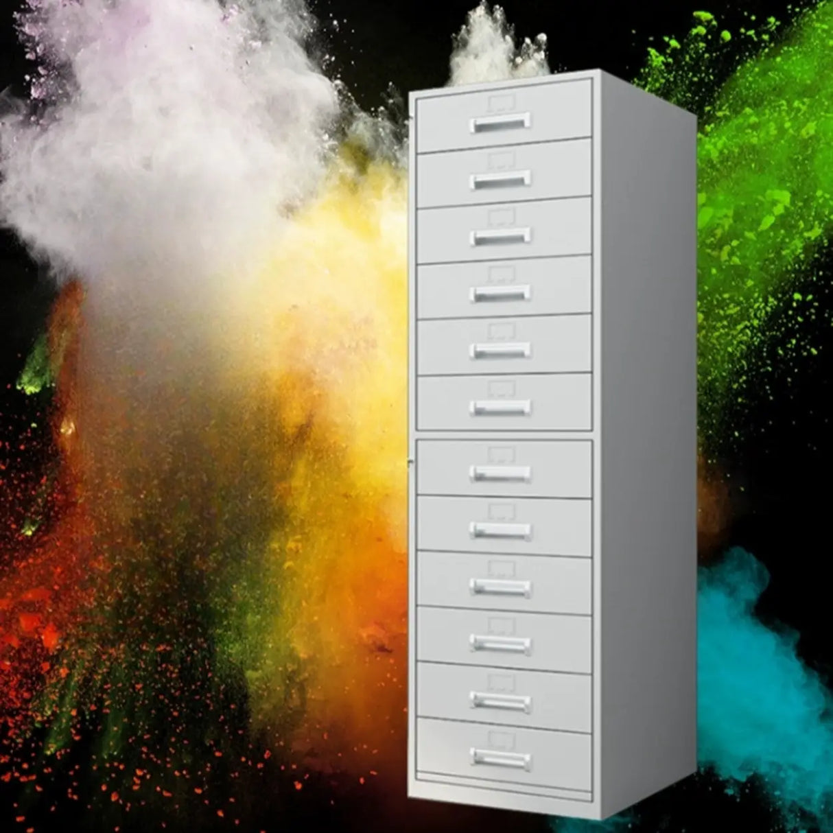 Vertical Grey Steel Filing Cabinet with Lock and Drawers Image - 15