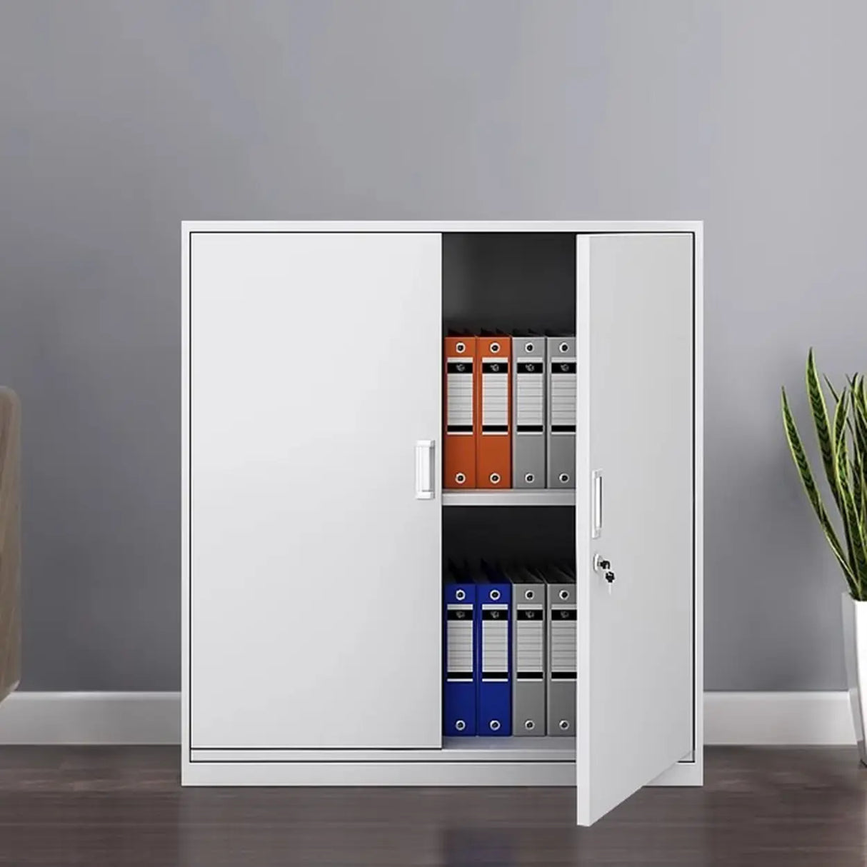 Vertical Grey Steel Filing Cabinet with Lock and Drawers Image - 16